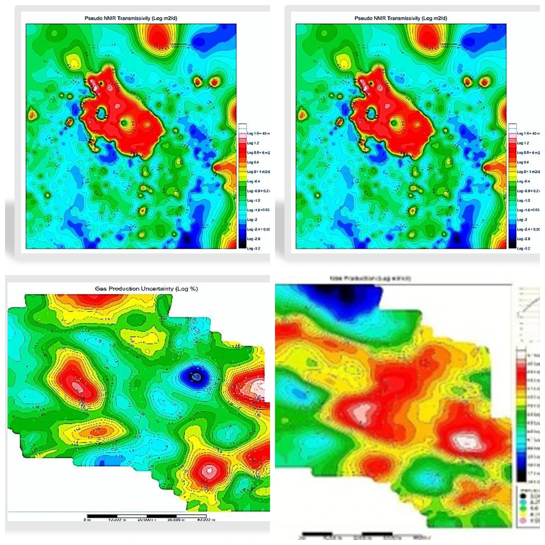 Multiple geological and productivity maps showing transmissivity and conductivity analysis